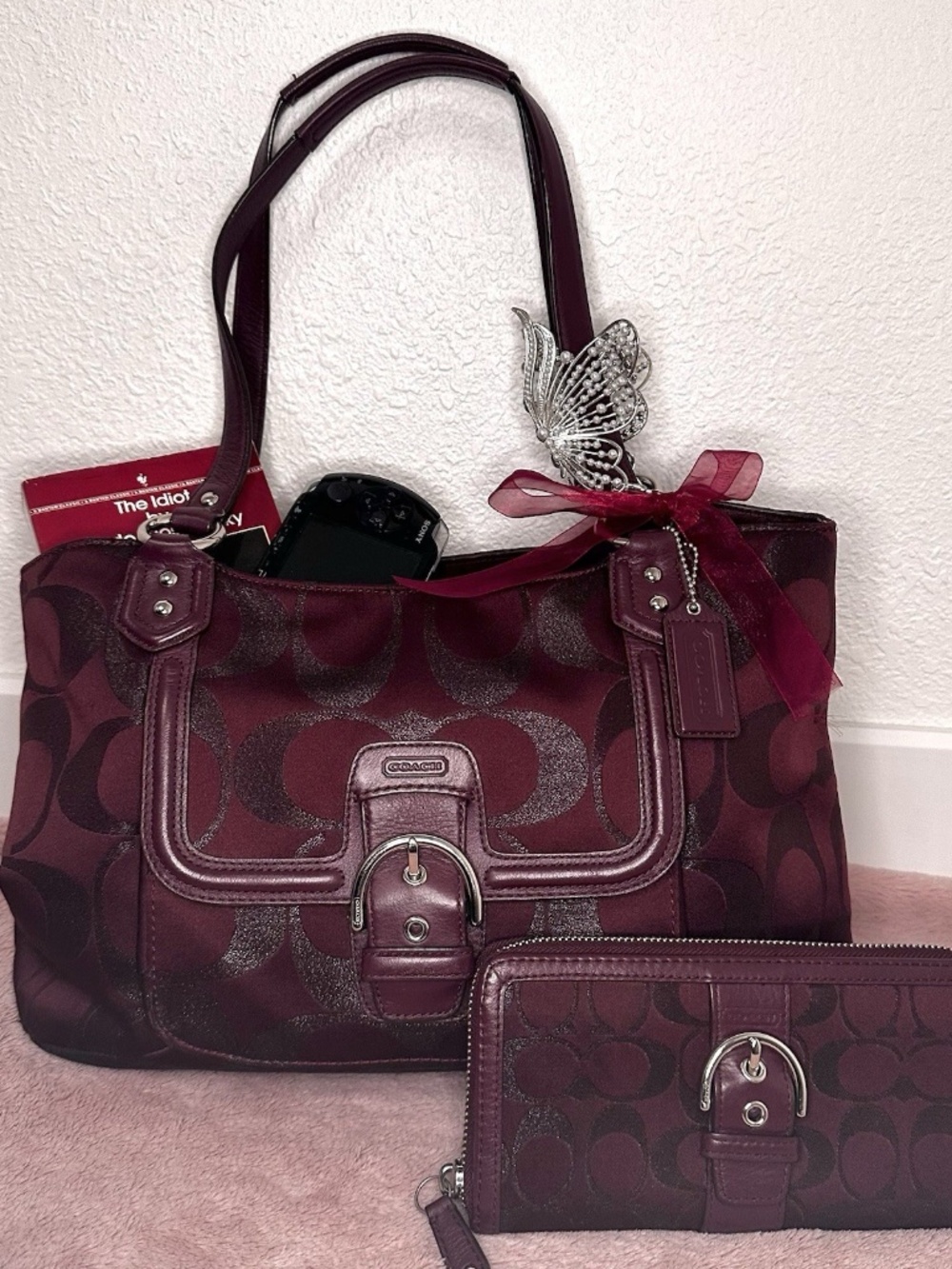 Coach Y2k 2000s Signature Canvas Campbell Burgundy Metallic Satchel Bag & Wallet